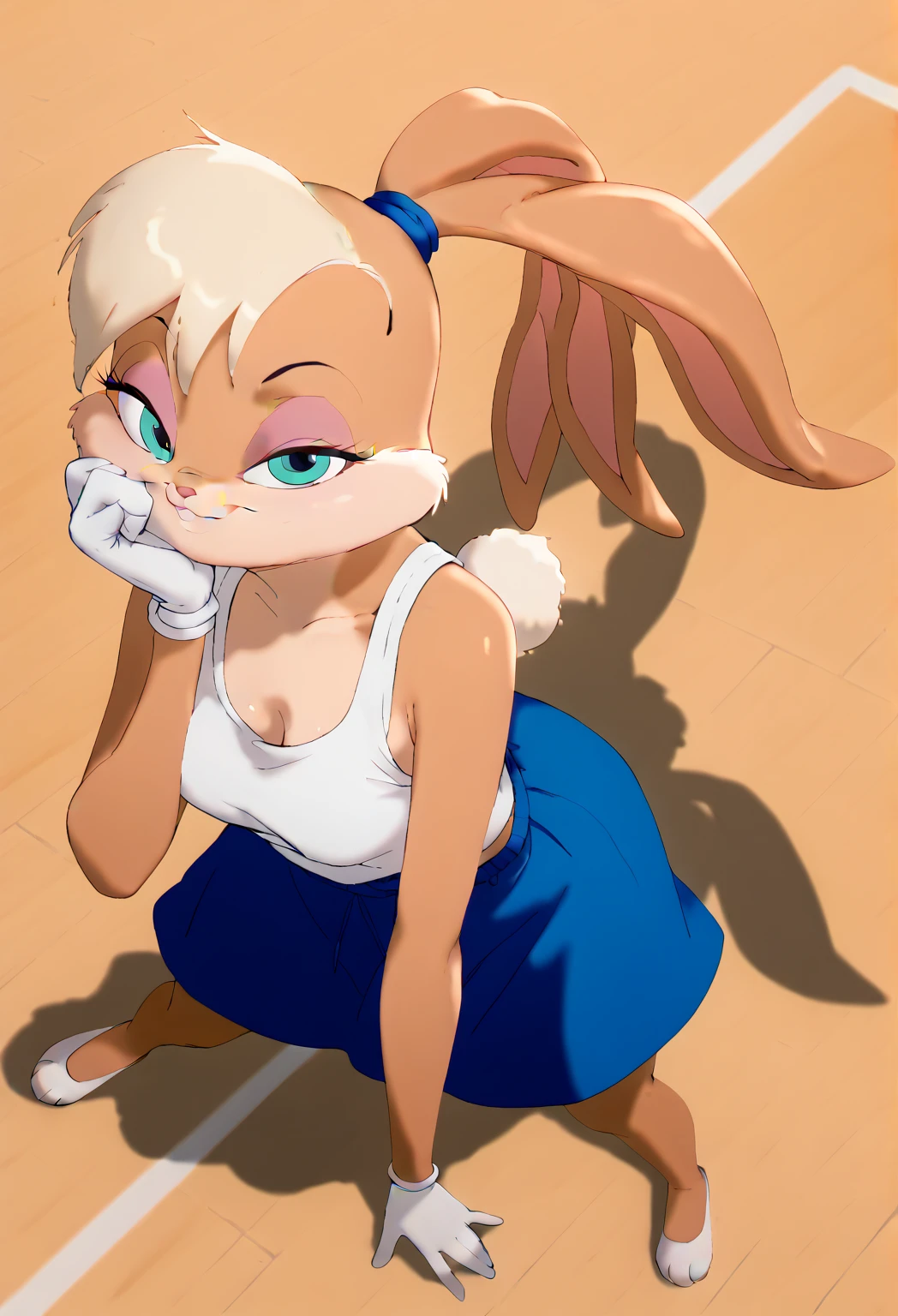 lolabunny, furry, animal nose, white gloves, bunny ears, white shirt, white shorts, sportswear, rabbit tail, looking back at viewer, seductive smile, lying, on side, on large bed, inside bedroom, high quality, masterpiece,
