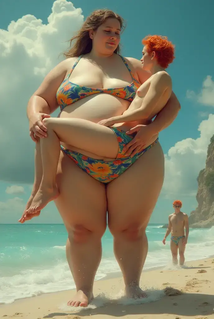 An old fat woman who is naked at the beach hugs the teenager boy