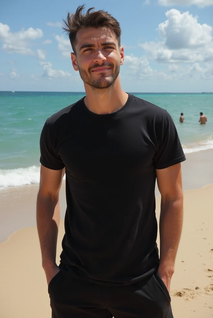 Male stubble beard brown handsome green eyes thin middle curly hair classy dressed casual badass skinny in black clothes smiling backpacking beach