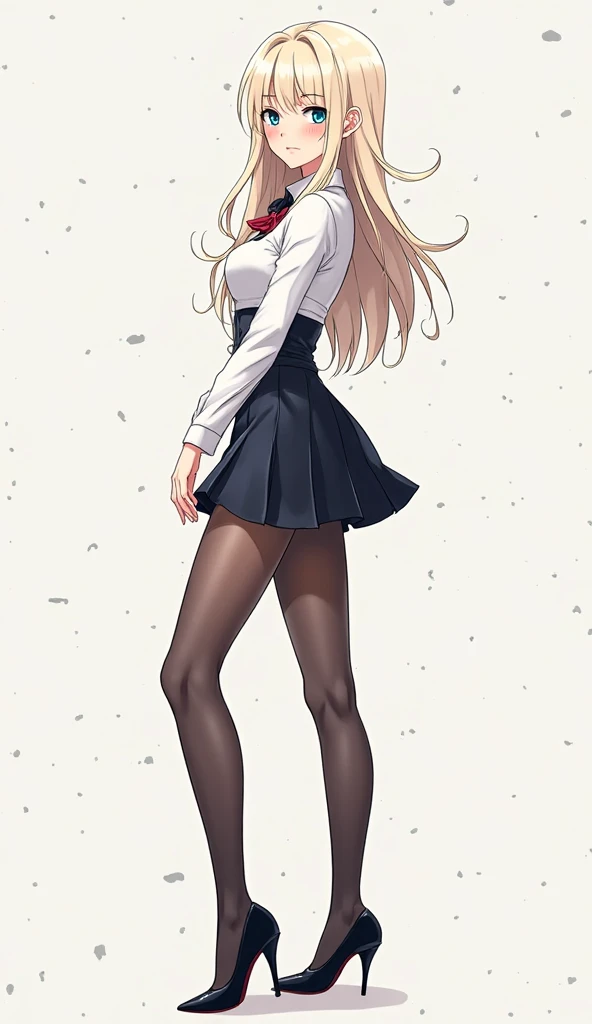 Unrealistically skinny thin body. Long thin body. Very very unrealistically long thin legs in pantyhose. cute blonde.