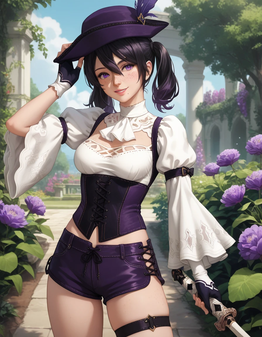 (tmasterpiece,best qualtiy:1.2),cowboy lens,独奏,focal,1girll,Off-the-shoulder attire,cleavage,ssmile,Keep one's mouth shut,Crossed arms,folded ponytail,Black tights,Purple scarf,ln the forest