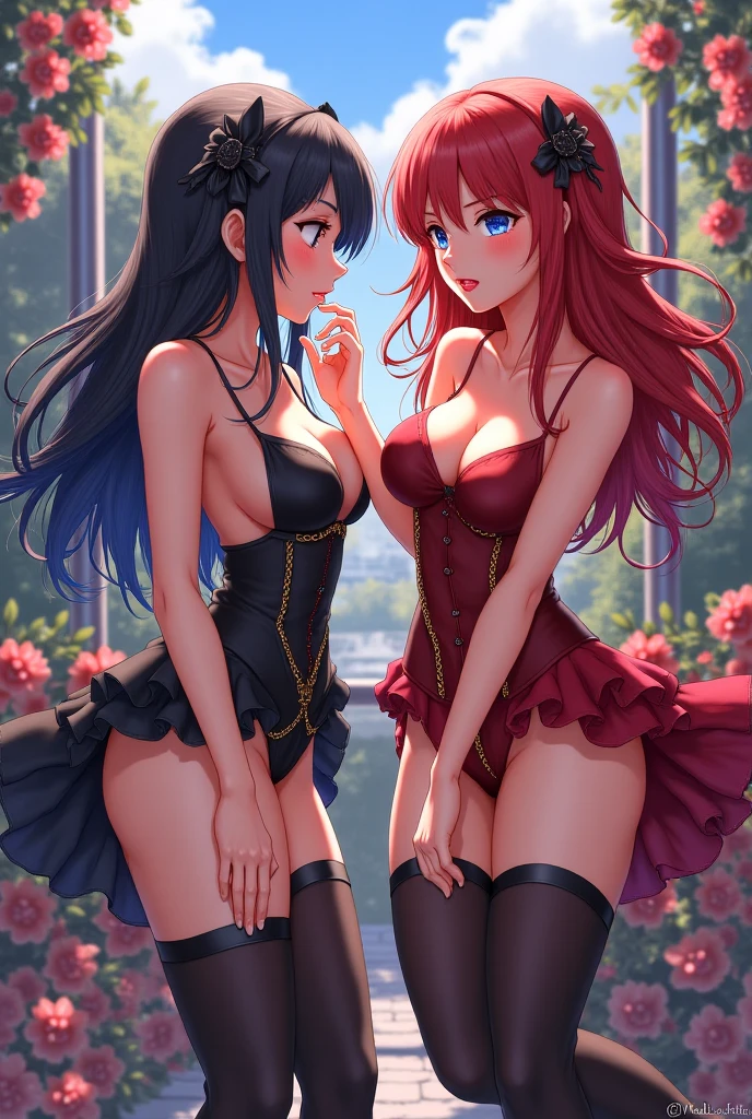 ((Highest quality))、((masterpiece))、(detailed)、((Anatomically correct))、(High resolution、8k)、Two Women、(kiss:1.3)、1 girl, a girl is grabbing girl’s breasts from behind、Half-closed eyes、cowboy shot、 (Beautiful Eyes:1.2)、Gothic dresses in different colors、Gorgeous garden with blooming flowers、Petals fluttering、Blue sky、F Cup、Slipping、Nipples、(Both of them have their  out)