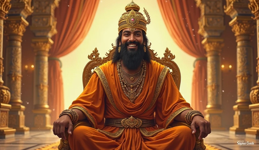 An overweight Indian king, in gold jewellry, surrounded by gold, he has a happy expression and looks confident