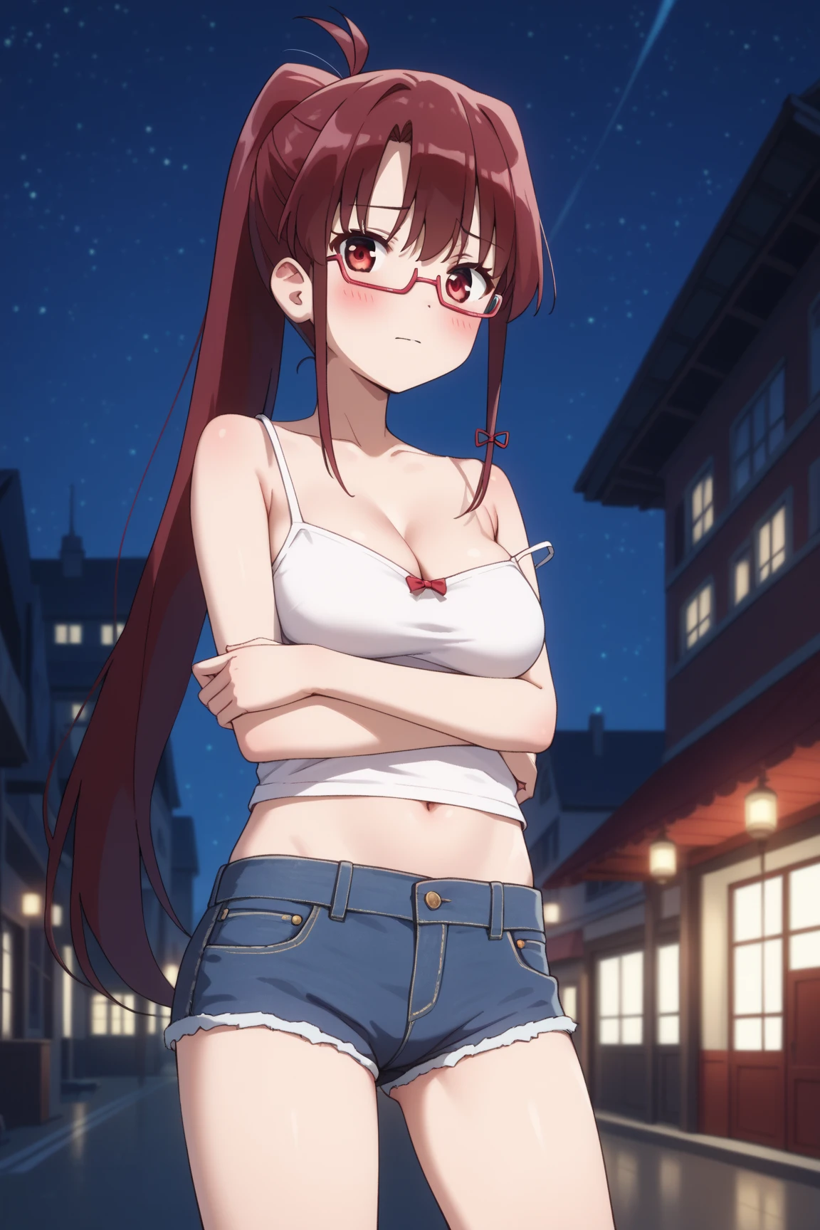 mariakurose, maria kurose, long hair, black hair, (red eyes:1.3), mole, mole under eye, large breast, Hot girl, baddie, staring, glaring, bad attitude, mean girl, dare, angry, hate, crazy, smoking, sensual, attractive,
blush, lipstick, outdoors, rooftop, cityscape, building, railing, night, night sky, scenery, moon, city lights, blush, lipstick, mouth open and tongue out, open, fur trim, mature female, gloves, fur-trimmed coat, masterpiece,high quality,4k, bare shoulder,belly,crop top,outdoor,cleavage,jeans,casual
dress,street,road,smile, open mouth, (nsfw) not safe for work, holding a gun,handgun, evil expression,
exposed belly, exposed navel, exposed midriff, exposed lower belly, crop top overhang, underboob,
unbuttoned jeans , low rise black jeans, Low rise jeans, Low rise jeans with open fly, navel piercing