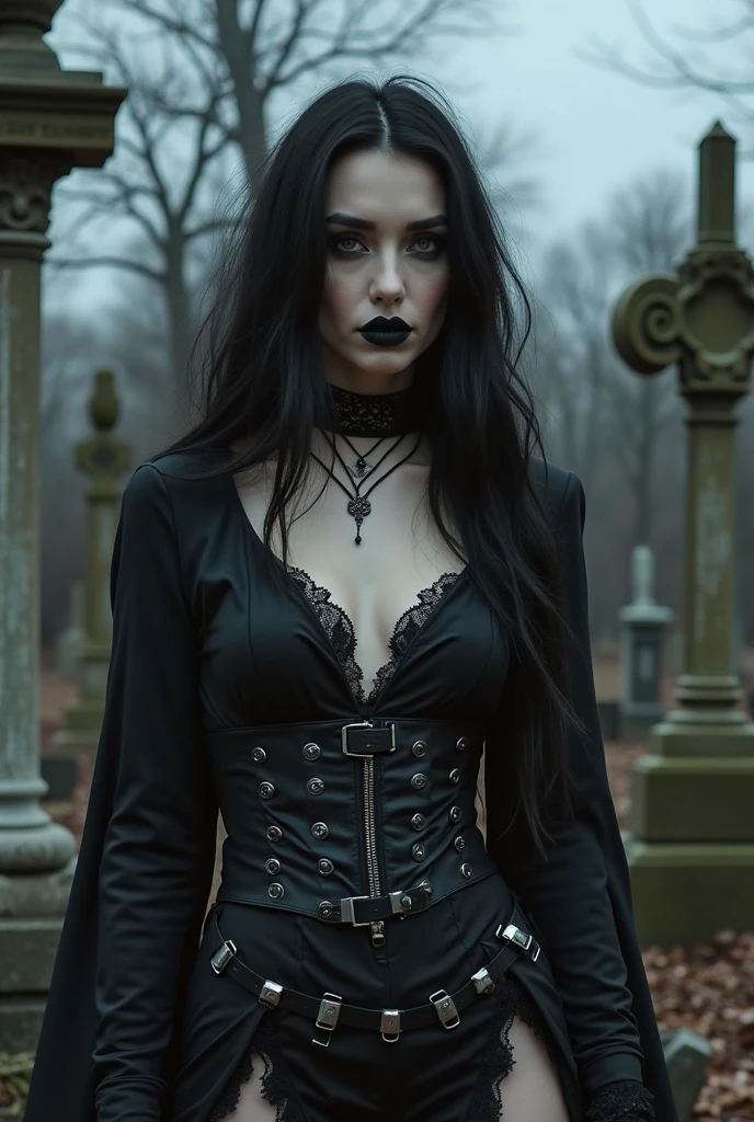 Beautiful 20 year old woman, large tits, with short messy wavy pink hair, wearing a red corset with black accents and black cloak, standing in a foggy cemetery at night, (red lipstick:1.5), realistic skin texture, (cross necklace:1.2), (looking at camera:1.3), (Glowpunk and Gothic Art:1.4), photo realistic, 8k