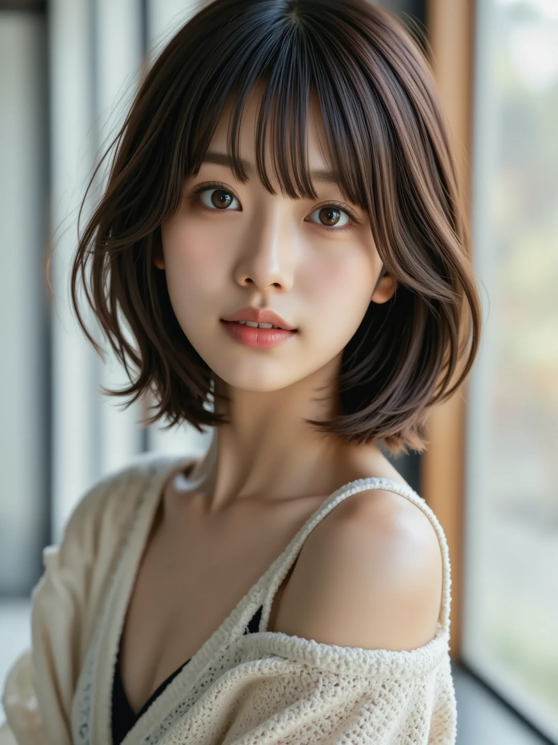Japanese cute 21 year old、bedroom、pajamas、Attention to detail、double eyelid、Beautiful thin nose、sharp focus:1.2、beautiful woman:1.4、(light brown hair、short hair、)、pure white skin、highest quality、masterpiece、 超High resolution、(Photoreal:1.4)、High resolution、nice smile、黄色いpajamas、A glimpse of the chest、