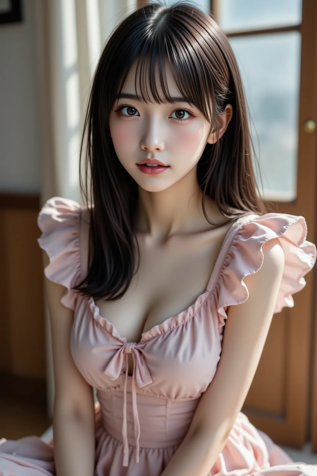 (Representative works, Side light),(Arms behind head),Real,Shiny skin,Shiny skin,Face light,Glossy face,(Loli Girl),Asian、dress,Pink Cheeks, (Big Tits:1.1),Breast holding,(Tongue on:1),, Face light,Glossy face,Shiny skin,Shiny skin,(whole body),Prostration pose, 白いdress,Close-up