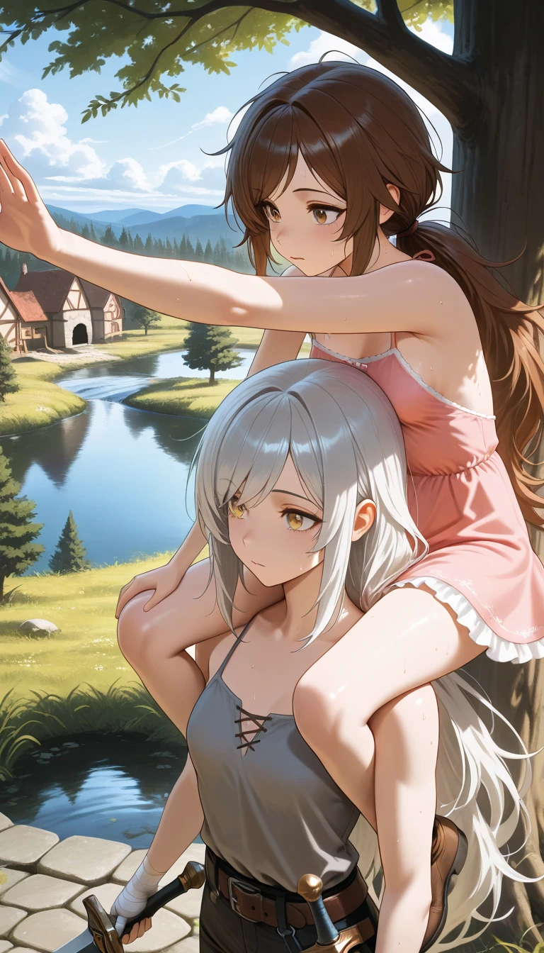 (tiny village on a cliff in front of a giantess breasts: 1.2), (a tiny village on a tiny hill in front of the breasts of a giantess: 1.2), a giantess looming over a tiny fortress on a tiny hill, (tiny fortress: 1.1), (tiny village on a tiny cliff in front of a girl: 1.1), (crowds of tiny armies on a cliff: 1.1), (height_difference:1.2), (size_difference:1.1), giantess girls in the background, simple background, (giantess:1.1), giantess girls in the background, (below view: 1.1), (adult woman: 1.5), (mature older girl: 1.3), cute (princess:1.1), (2girls:1.4), all fours, (below view: 1.1), (all_fours:1.1), (tiny medieval village from sky view: 1.3), hills, cliffs, hanging breasts, (shiny cleavage), (cleavage:1.2), breast squeeze, (sweaty breasts), her nipples are poking out, her breasts are huge and perfect, (nipples:1.1)