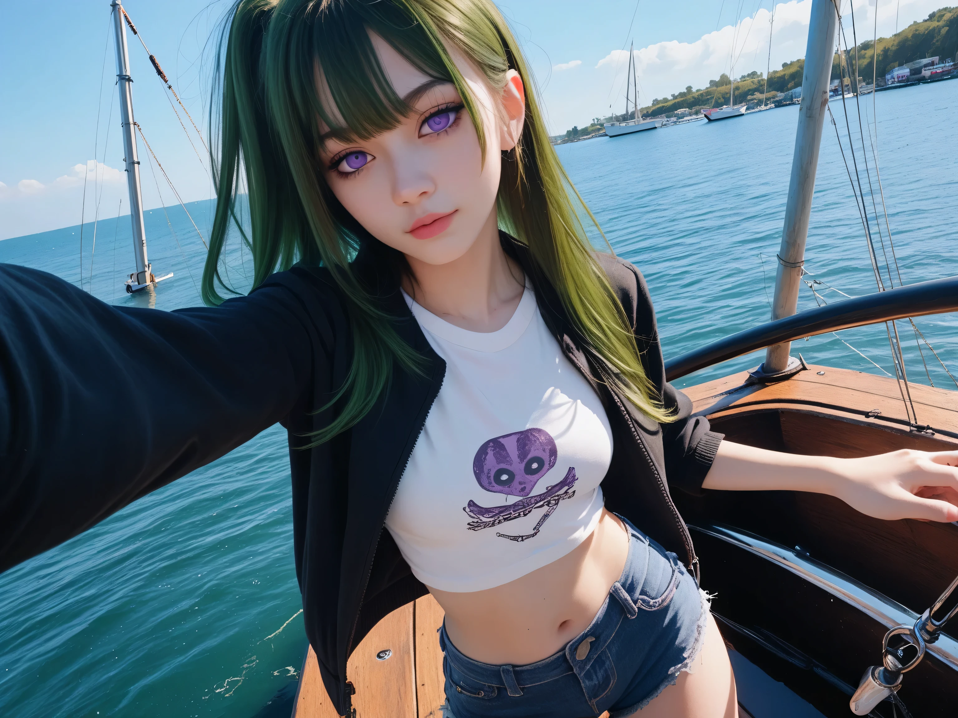 high image quality、high quality DVD、Boat、high school student、 green hair、Purple Eyes、 beautiful eyes、 small 、jeans shorts、belly button stick、jacket、selfie