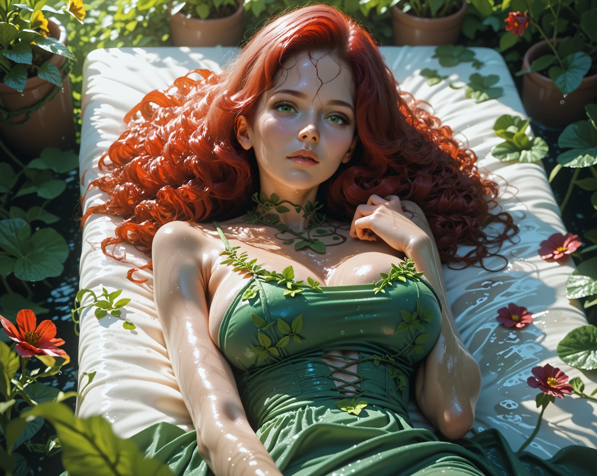 a yellow headed green body budgerigar,1woman with long red hair,beautiful detailed eyes,beautiful detailed lips,extremely detailed eyes and face,longeyelashes,budgerigar on woman's head,heart-warming,lush foliage,detailed tropical plants,vibrant colors,natural lighting,photorealistic,masterpiece,(best quality,4k,8k,highres,masterpiece:1.2),ultra-detailed,(realistic,photorealistic,photo-realistic:1.37)