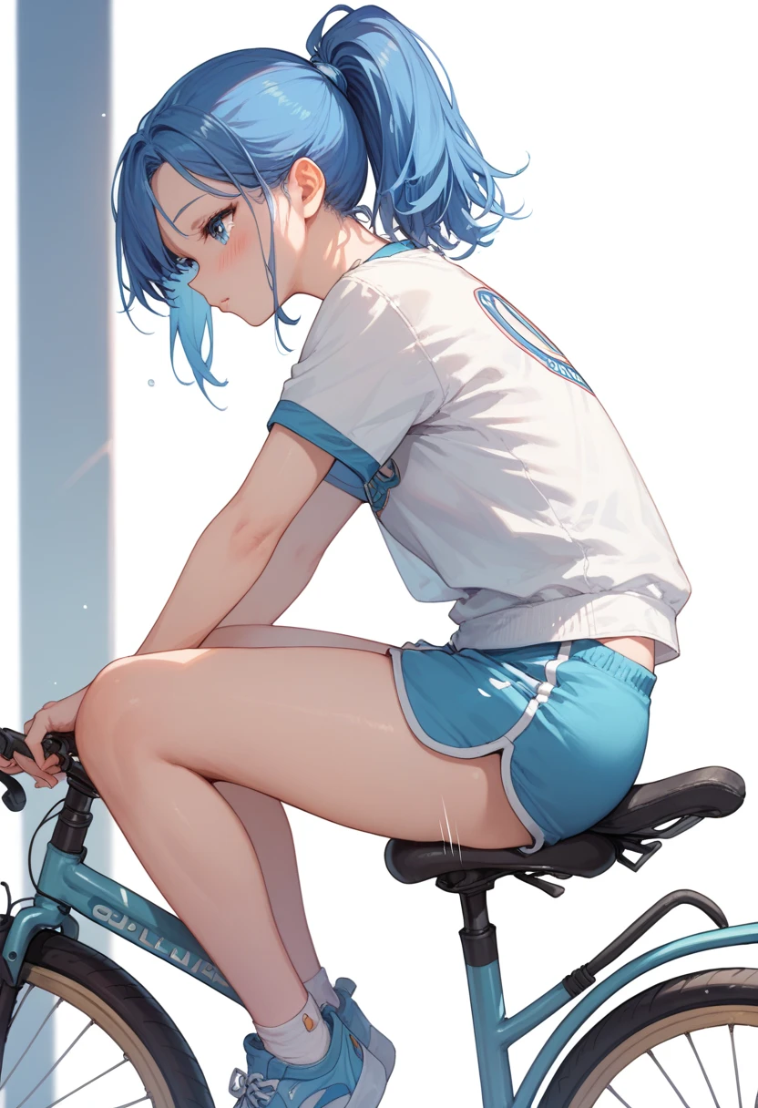 a girl sitting on top of bicycle, dolphin shorts, blue hair, ponytail,