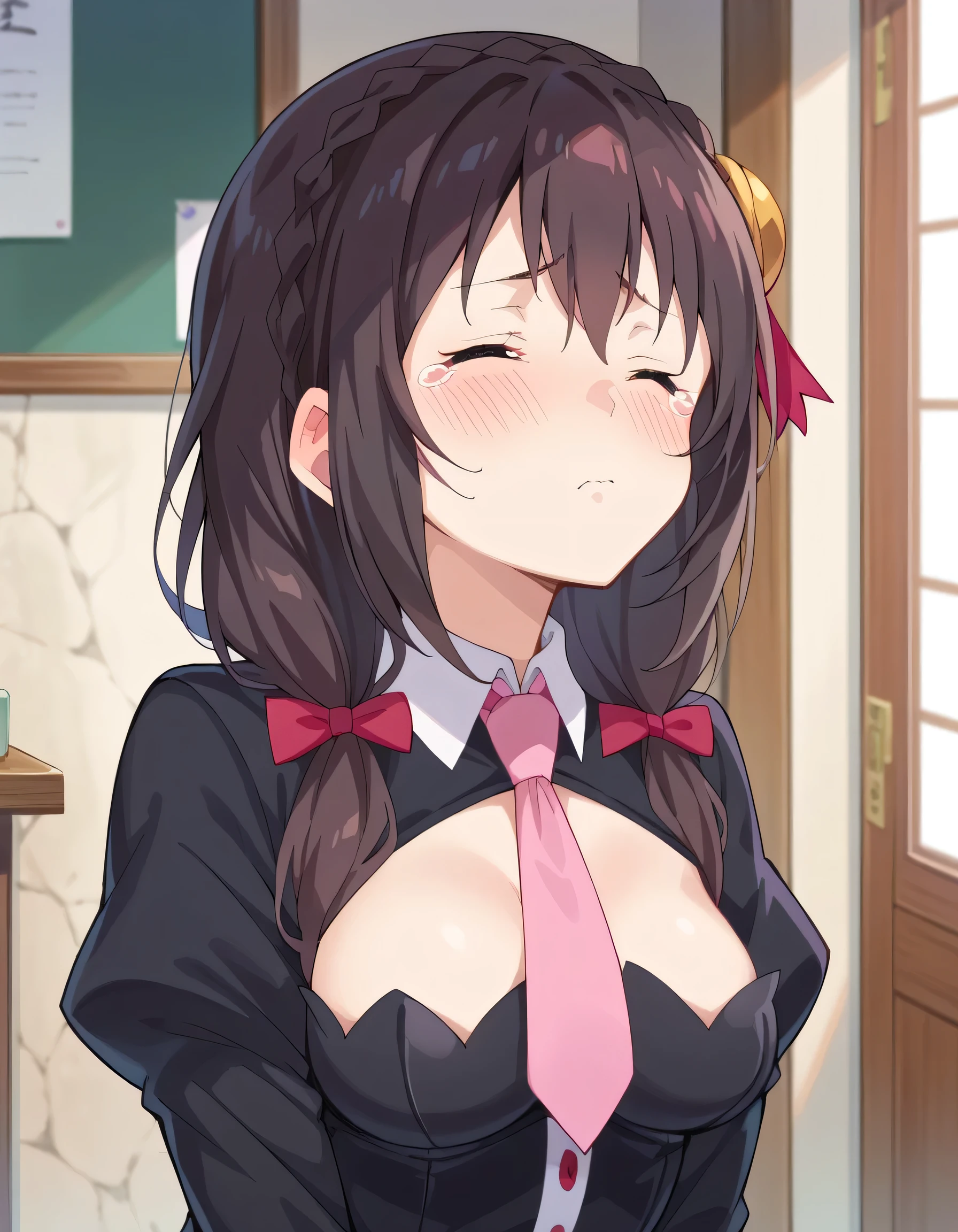 masterpiece,highest quality,High resolution,Very detailed,yes,Long Hair,Braiding,Twin tails,Hair between the eyes,Hair Ribbon,hair ornaments,(Big Breasts:1.5),(Upper body naked),bed,Embarrassed look,No pants,Sweat,Wet,Red Eyes、Open your mouth a little、(The face blushes:1.5)、Beautiful eyes、Pants are pink、Legs are closed、(lie on one's back)