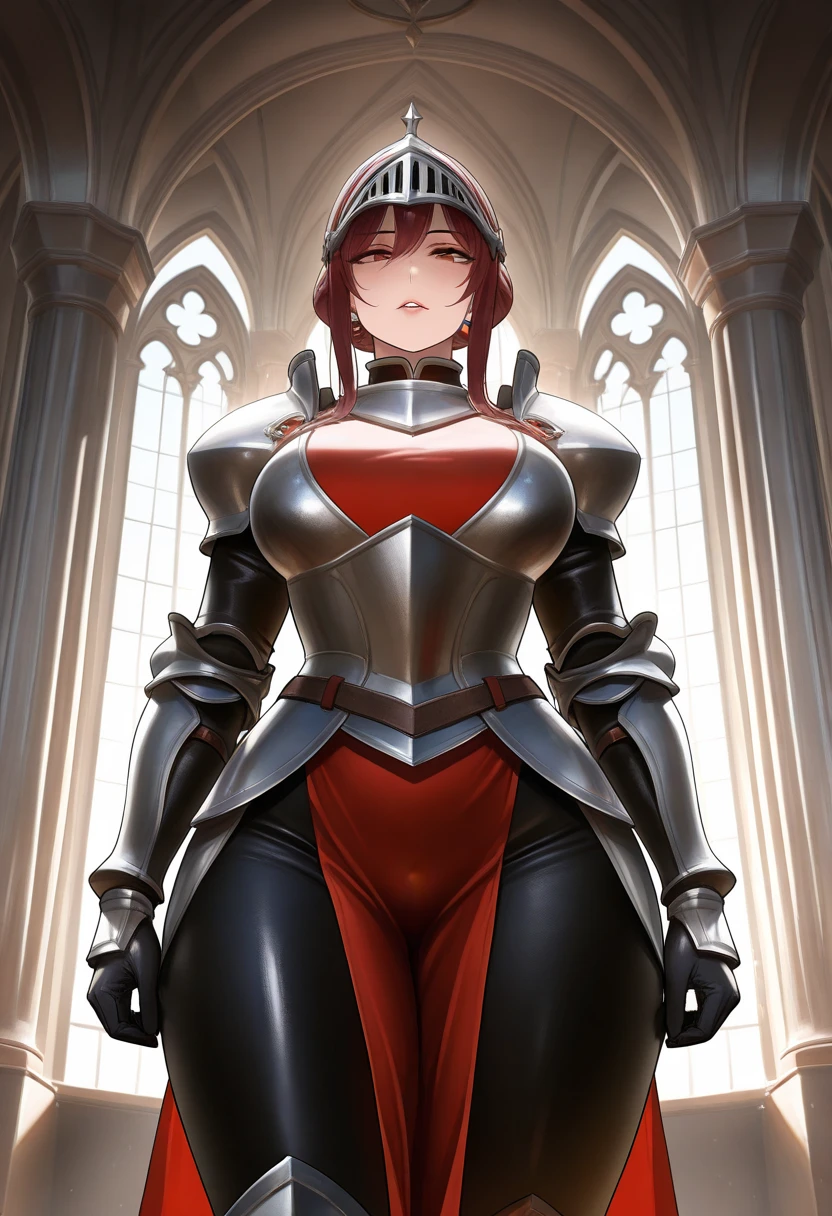 ((((masterpiece, best quality, high resolution)))), Extremely detailed 8K, Beautiful girl with voluptuous body, (Ultra HD, Ultra-detailed, Highly detailed, Highly realistic, Ultra-realistic, photograph realistic), (1girl:1.5), (Realistic white hair), (short wavy hair, hair ornaments, earrings), (dynamic poses), facing at camera, looking at viewer, (blushing red, embarrassed), (purple eyes, sharp eyes), (perky breasts:1.2), (beautiful detailed face, beautiful detailed eyes), ((broken armour, breasts plate, thighs)), (standing up), sweat, glow, (sunbeam, sunlight), ((cowboy shot)), inside dungeon, seductive