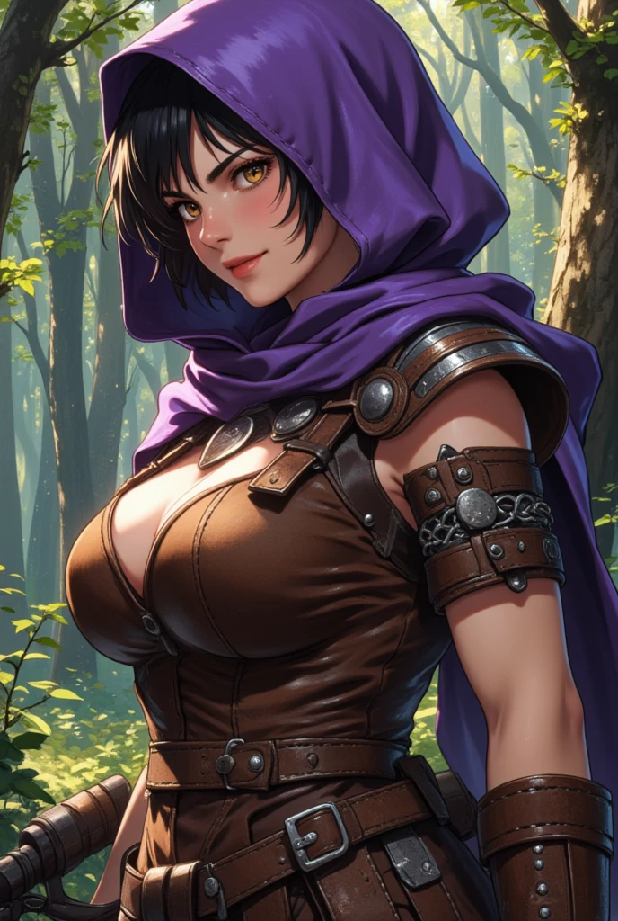 Tall female elf assassin with black hair and green eyes dressed in leather armor with a black robe and hood large breasts and daggers