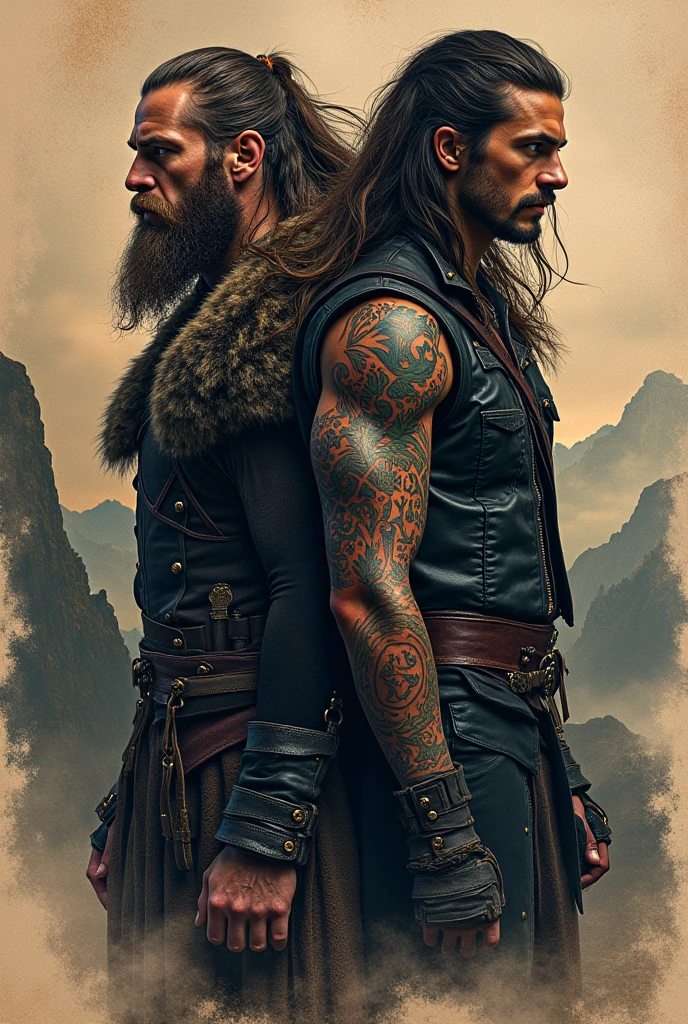Viking left arm tattoo design, muscular viking man, brown hair divided with bangs, eyeballs.realistic blue, wearing warrior leather pants, warrior boots, lake and mountains in the background.