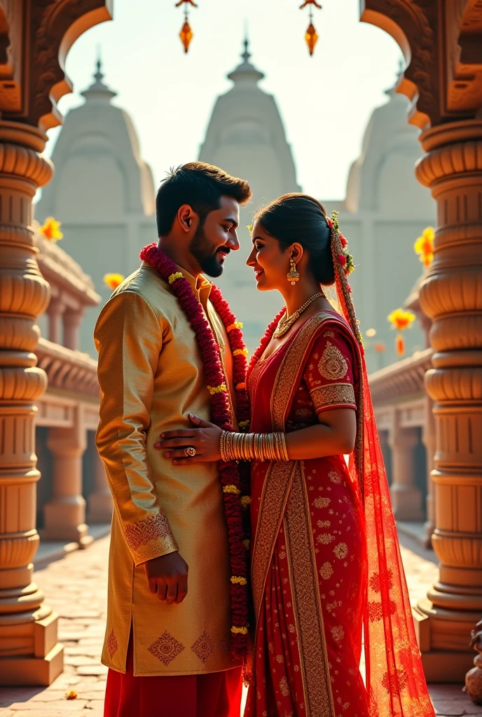 A Tamil Indian couples standing infront taj mahal on sunset.The male have brown and white mixed skin,tall and skinny,while the girl same height with the boy and little chubby.Both wearing Matching traditional attires.