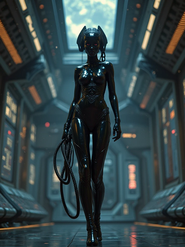 female xenomorph in hands up pose, rear view, looking back, cyberpunk street, wearing undies, white panties, white bra lips, white bra straps, at night, blue police lights, blue neon signs