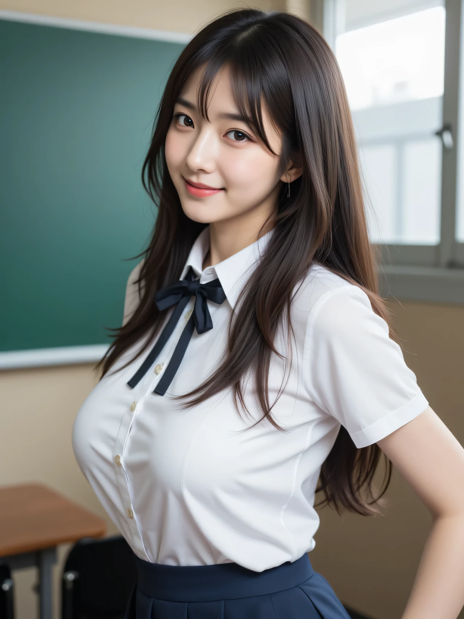 japanese cute idol, Japanese cute girl, kawaii, a pretty woman is posing at the school class room , 1girl, solo, realistic, smile, school uniform, long hair, black hair, nsfw, masterpiece, best quality, hyper detailed, insanely detailed, 16k, japanese , cute, kawaii, photorealistic, Realism, raw photo, real person , 1girl, solo, black hair, long hair, breasts, realistic, model posing