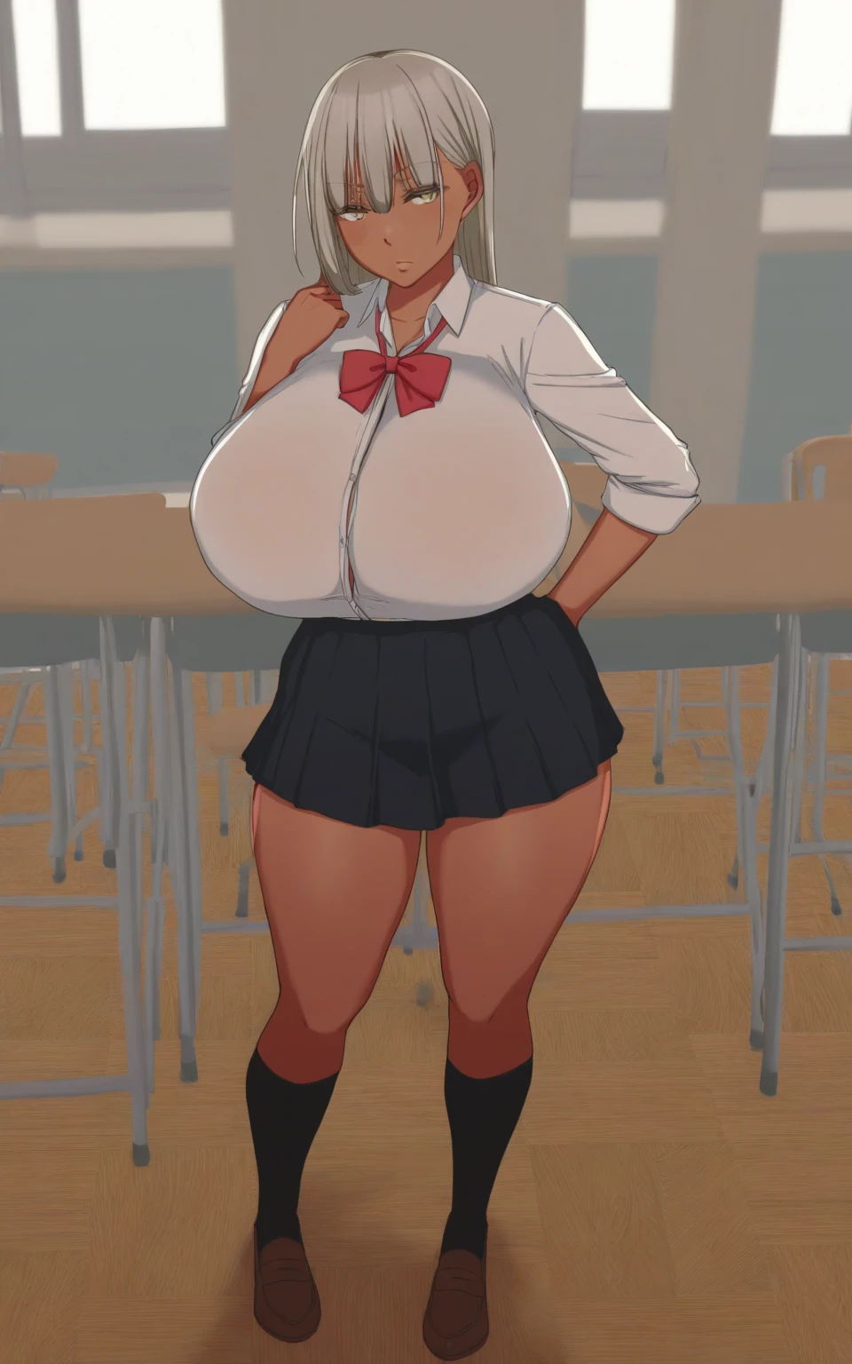 a woman, small face, small eyes, Brown eyes, round glasses, black hair, long braids, straight bangs that cover the forehead, cut evenly, BROWN SKIN, huge breasts, slim and well developed body, Wide hips, freckles in the face, innocent girl, innocent smile, nerd, posing sexually, a small, very tight white dress shirt, microfalda, long black stockings, small legs, tight clothes, in an empty school, sitting at a desk, legs open, showing her underwear, coquette, front view, looking down