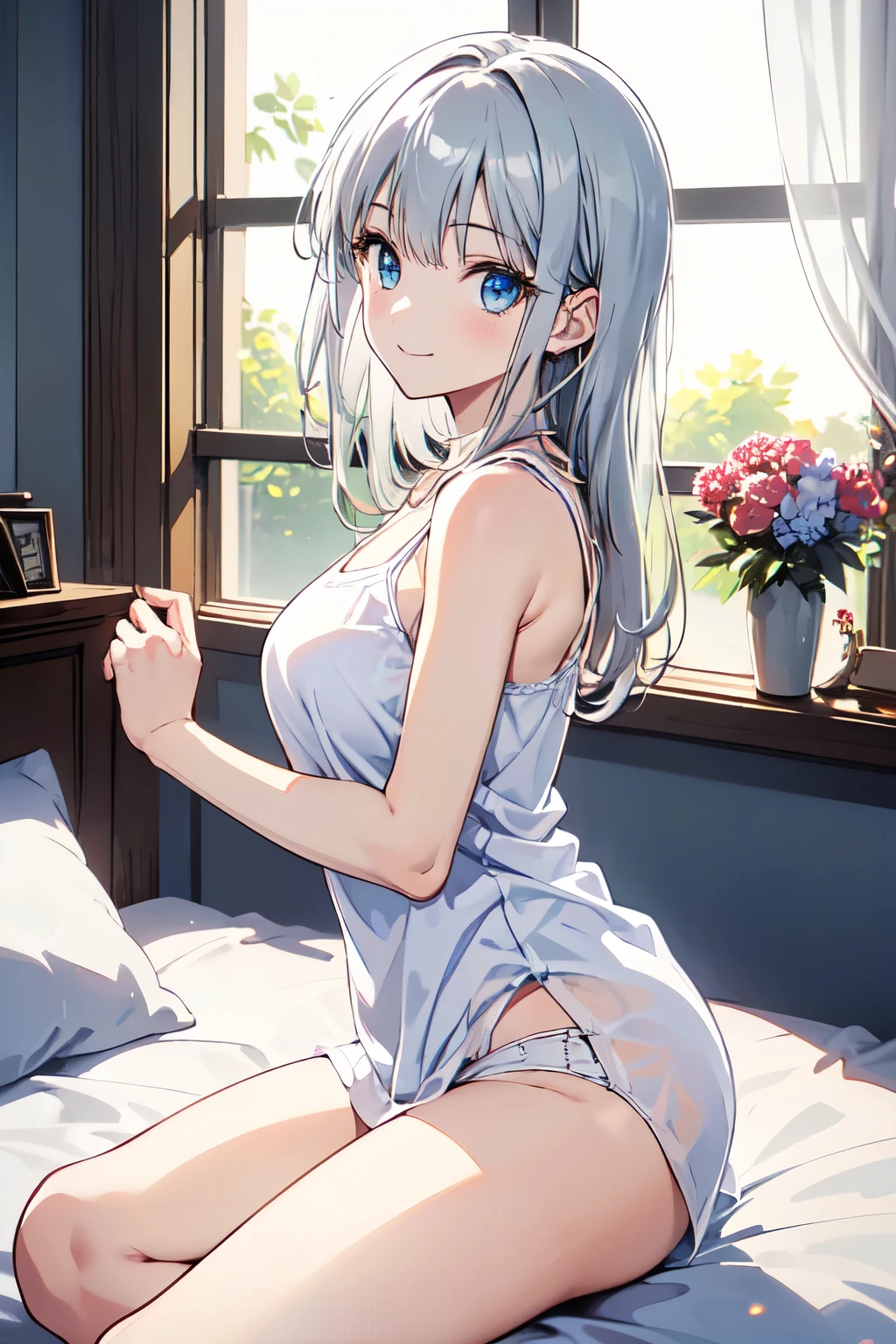 Highly detailed CG Unity 8k wallpaper、credibly_absurderes、(masterpiece、top-quality:1.6)、White lace dress、cowboy shot、thighs thighs thighs thighs、beautiful a girl、looking at the viewers、blue eyess、White hair、Small waist、Official art、Raw foto、Incredibly ridiculous、face lights、Dynamic lighting、电影灯光、A hyper-realistic、hight resolution、a picture、foco nítido、highestdetailed、ighly detailed、detaile、extremely detailed eye and face、top-quality、resolution、illustratio、extra detailed face、独奏、1girl in、 Beautiful detailed eyes, Beautiful illustration、top-quality、Cute s、bedroom、cleavage of the breast、(((bare-legged))),Lustrous skin, High contrast, ((masutepiece, Best Quality))、thighs thighs thighs thighs、Mansuji、mekosji、Underbust、(((top-quality、8K、masterpiece、NSFW)))、perfectly cute girls、Delicate and smooth skin、real looking skin、Perfect and beautiful face、Perfect and cute face、(subjective perspective、showing the view from above)、(((Spread your legs apart))), Are sleeping、Lustrous skin, on the beds , (((Are sleeping)))、lovely thighs、glowing thigh、a navel、Extraordinary lovely anime girl、watching at viewers、(((Open your legs to show your white panties)))、