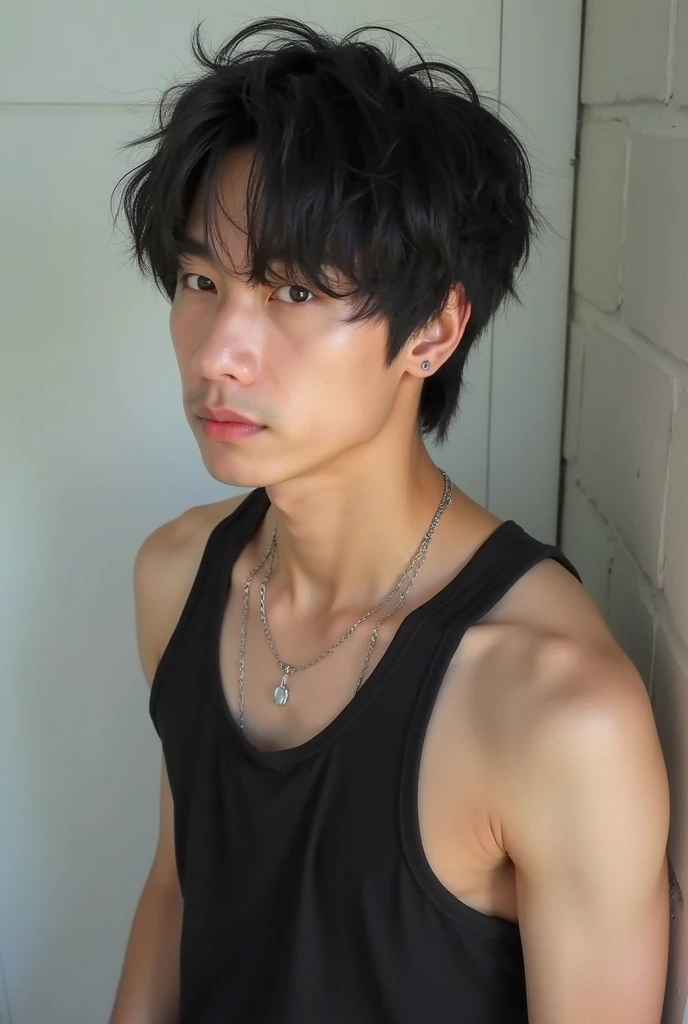 Man in black tank top, tall and fit, with short black hair, while sexy modeling, in different places, in different positions.