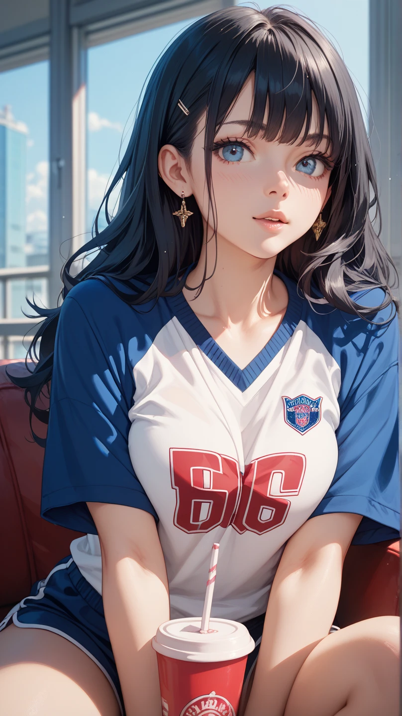 (Highest quality、masterpiece、High resolution、detailed), (Realistic skin texture:1.3), (detailedな目、Beautiful Face), 1 female, Delicate face, cute, One Girl, Blue Hair, ear, blue eyes, Garment Lift, alone, hair ornaments, Hair Clip, Long Hair, Lift your shirt, View your audience, lips, Pouting, I lifted it myself, Upper Body, Concave belly, White shirt,