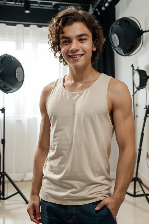 A young man, showing off his bare feet, in his messy room. He's just in his underwear and shirtless, his armpits showing.