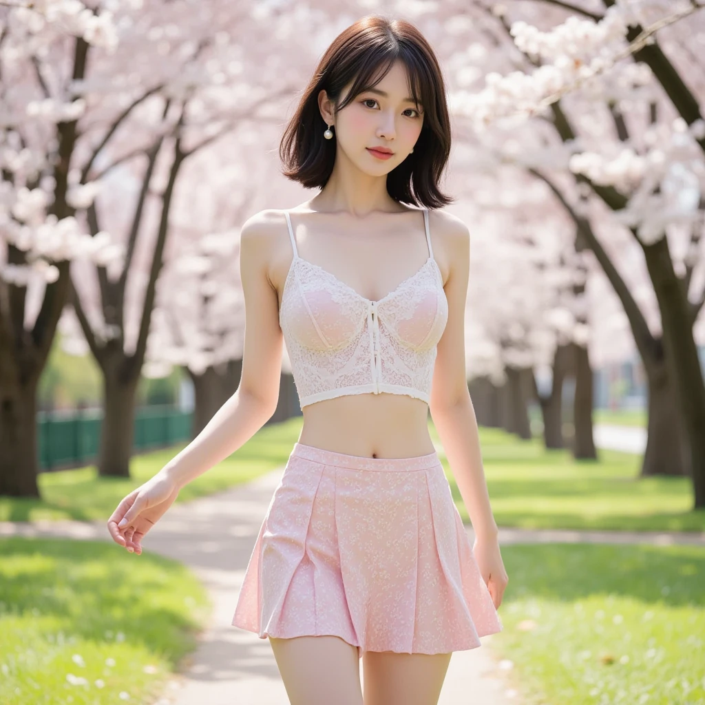 (masterpiece, best quality:1.2), 1girl, solo、Amazingly cute girl、whole body、Lace fabric bikini、Professional Lighting、Super slim figure、Short Hair、Above the knee images、Low - Angle、A very cute and adorable little sister、The most attractive in the world
