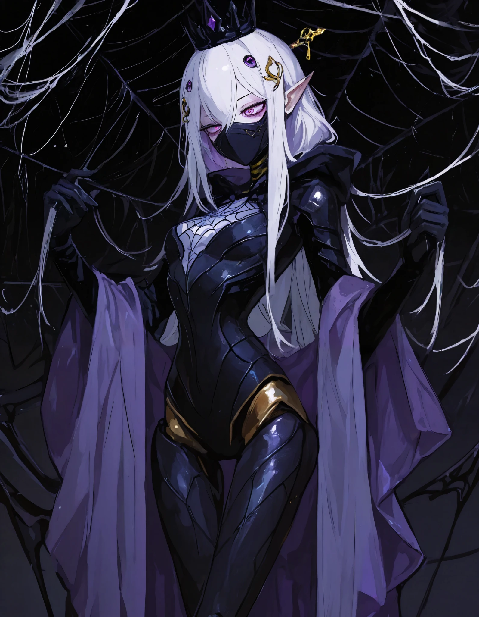 girl, white hair,long hair, in purple eyes,Long pointed ears ,Sharp eyes,medium chest,girlแมลง,Slim Gold Hairpin, thin waist,cyberbody,black antenna,Tall,figure,black sleeve ,Spider web black widow,Insect Mask, assassin,,Black Armor,black sleeve ,Insect Eye ,,Half an insect,In multi-layered eyes,Sharp eyes,Pointed eyes ,Insect legs,Long Raincoat,Slim Gold Hairpin,good figure, small waist ,, a purple robe, a thin cloth,awesome,Spider web,Purple Shawl,standing,Alakne,Wearing a black crown,6 eyes,มีเInsect legs,jaws,