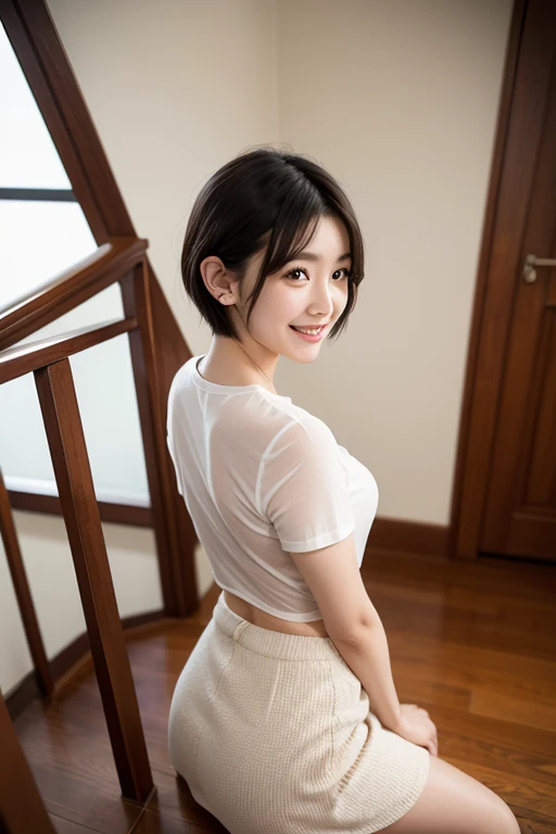 （masterpiece）、(highest quality:1.5)、(16k wallpaper:1.2)、(Photorealistic:1.2)、(Ultra-detailed:1.2)、(超A high resolution:1.2),(Surreal),  (High resolution), (Very detailed), (Professional), (Realistic), (Post-processing),  (Very detailed),(Sharp focus), Sharp focus:1.2,Photorealistic, Ultra-realistic, Backlight, Bright light, (Improvement of quality:1.4),

健康的なThighs、Narrow waist、Big Ass、（Beautiful legs）、((Perfectly detailed five-fingered hands)),（Anatomically correct body）、((1 female:1.4))、Realistic Skin、（Small chest：1.4）,Pretty woman with perfect figure:1.4,(from the front:1.5), (Enhances the beauty of skin texture:1.1),

 (Beautiful fine details), (Detailed face),Beautiful realistic face,No makeup、美しいBlack Hair、Super Beauty、The best smile、Natural color lip、Even bangs、((29-year-old woman))、Bob Hair、Hair blowing in the wind, (Black Hair, Iris, Watery eyes, Shining Eyes, Short bob cut hair, Small earrings, Lightly reddish), Hair behind the ear、No makeup、(Drooping eyes)、Drooping eye corners、(Oversized white T-shirt, Long plain T-shirt:1.3), (Thighs, Are standing, Leaning forward:1.3), break, (White Background:1.2), break, Very beautiful eyes, (Symmetrical eyes:1.3), break,