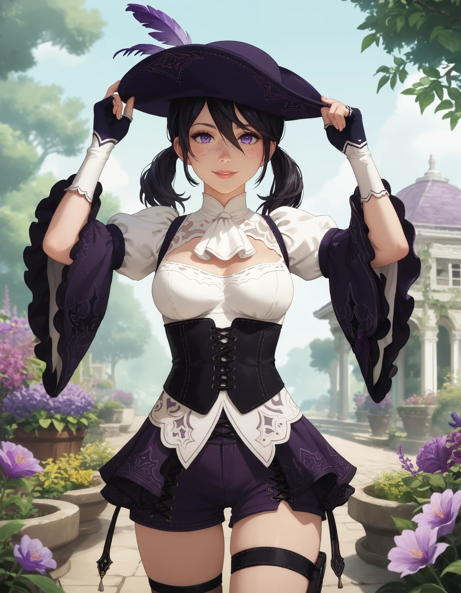 score_9, score_8_up, score_7_up, source_anime, anime_screencap, solo, nier2b, 1girl, purple eyes, detailed eyes, lips, smile, white ascot, wide sleeves, long sleeves, white shirt, tricorne, purple tricorne, purple hat, hat, hat_feather, low twintails, medium hair, hair between eyes, black hair, frills, freckles, ouji fashion, purple corset, corset, purple shorts, cross-laced shorts, thigh strap, medium breasts, framed breasts, fingerless gloves, coattails, purple orchids, garden, hand on headwear, cowboy shot
