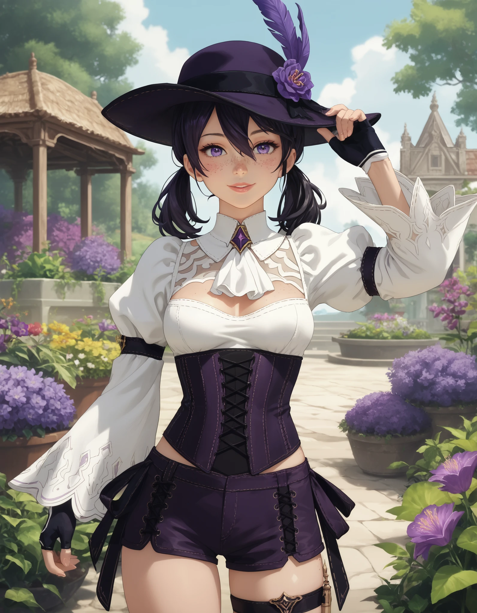 score_9, score_8_up, score_7_up, source_anime, anime_screencap, solo, nier2b, 1girl, purple eyes, detailed eyes, lips, smile, white ascot, wide sleeves, long sleeves, white shirt, tricorne, purple tricorne, purple hat, hat, hat_feather, low twintails, medium hair, hair between eyes, black hair, frills, freckles, ouji fashion, purple corset, corset, purple shorts, cross-laced shorts, thigh strap, medium breasts, framed breasts, fingerless gloves, coattails, purple orchids, garden, hand on headwear, cowboy shot