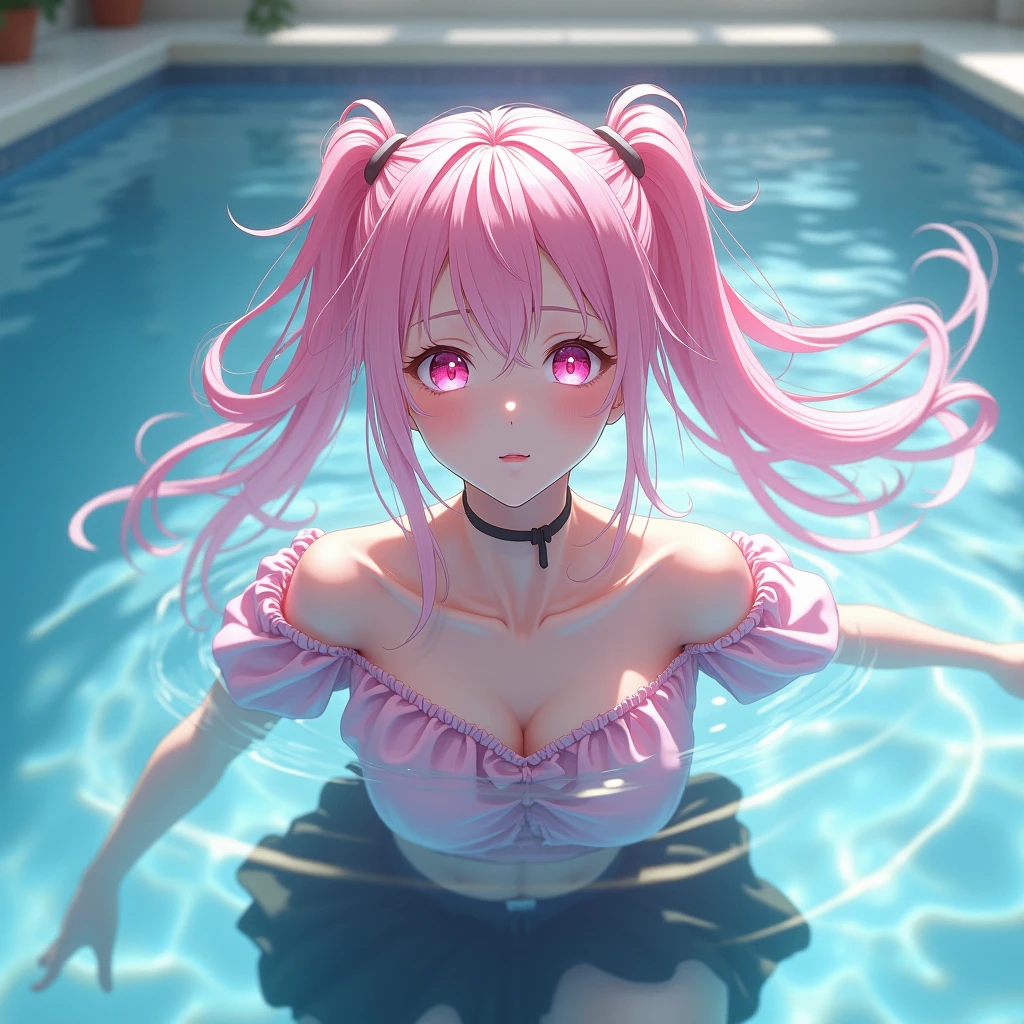 Highly detailed CG Unity 8K wallpapers、top-quality、ultra-detailliert、masterpiece、realisitic、Photo Real、extremely detailed cute girl、(25-years old)、red blush、roundly eyes、Big breasts、Face and chest close-up、swimming race suit、in poolside、(all-fours)reallistic