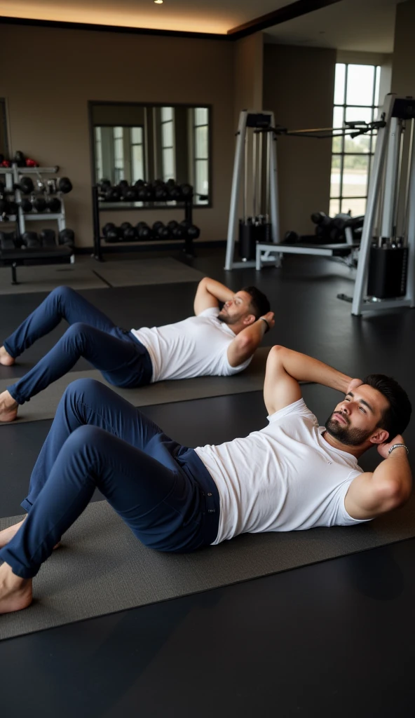 there are two men doing push-ups on the floor of a room, trabalhando fora, deitado com os pulsos juntos, muscular men intertwined, imagem de perfil, profissionalmente, em um fundo escuro, foco em corpo inteiro, confident action pose, dar certo, no fundo, cottagecore!! corpo fitness, dois muscular men intertwined