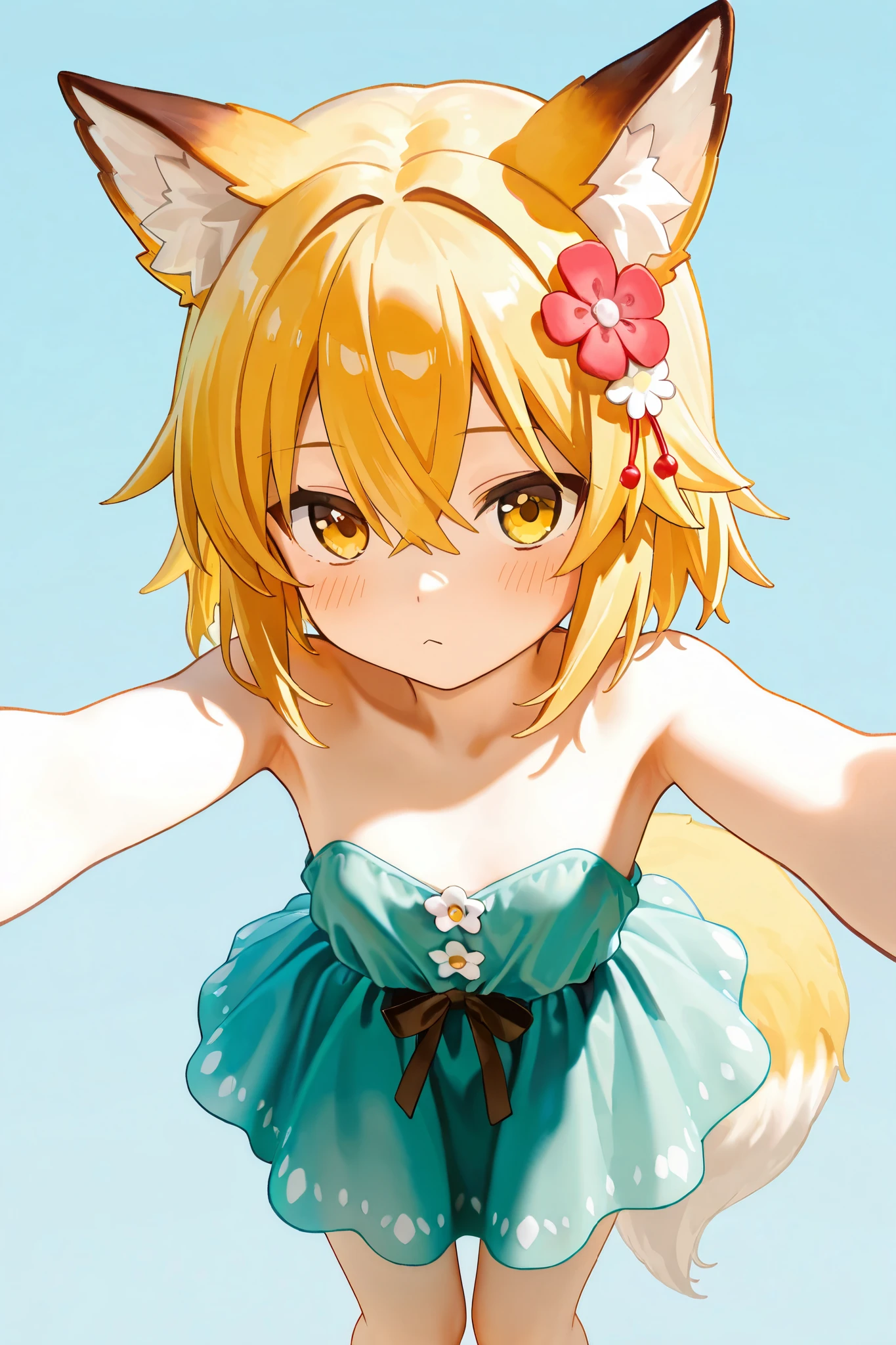 NSFW,masterpiece,best quality,high resolution,very detailed,Fairy Fox\(世話やきキツネのFairy Foxさん\),short hair,bungs、golden hair、hair ornament、 Beast Ears、hair between eyes、yellow eyes、flower、髪のflower、 Beast Earsの綿毛、fox ears、赤いflower、Fox Girl,strapless ruffle dress,flower柄のドレス