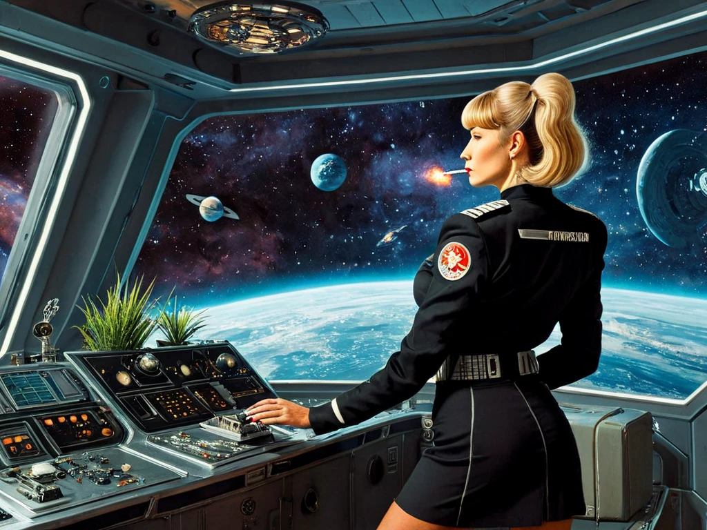 Evanna Lynch is a beautiful barefoot starship captain wearing a plush comfortably wearing emerald green robe fallen open revealing her beautiful legs as she is seated in her starship command chair, she sits with her barefeet cleary in focus as she works at the command console, screens filled with readouts as she sips cozily from a mug of coffee. Cinematic, Dynamic pose. Dynamic Movement, Action scene, Perfect composition. Intricate details, dark blue carpet. Sharp focus. Sharp details, vibrant colors, Maximalist Elaborate background. Color depth. Cinematic, High resolution, Masterpiece, lolita poptarts, strawberry blossoms sunshine, sci-fi, planetary romance, exotic futuristic high-tech tactical gear and consoles.,Thriller illustration