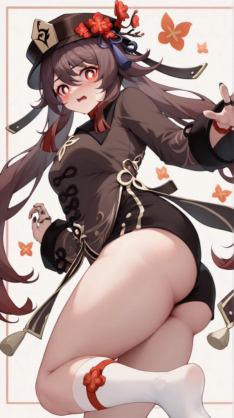 masterpiece, best quality, HuTaoV4, 1girl, solo, looking at viewer, symbol-shaped pupils, flower shaped pupils, blush, smile, open mouth, long sleeves, hat, jewelry, flower, thighs, shorts, socks, nail polish, black headwear, chinese clothes, black shorts, ring, all fours, black nails, hat flower, Fat, Obese, Chubby, Big Tight, Big tits, Full of water, Big belly, Fat ass, Big ass