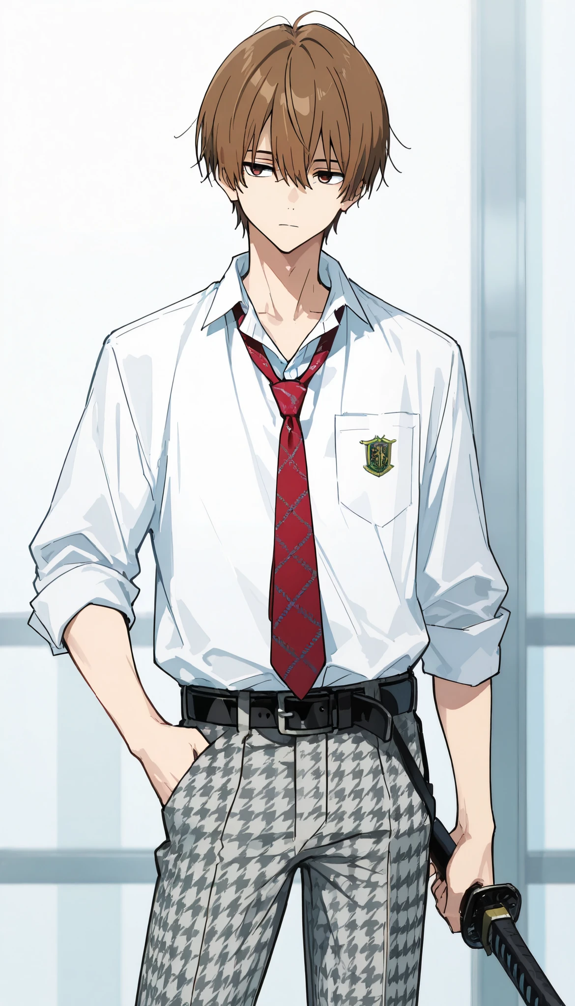 1boy, solo, standing, newest, highres, highly detailed, best quality, masterpiece, stylish pose,
(weapon, katana, holding sheathed katana:1.5, perfect katana), high school uniform, white shirt, half sleeves, houndstooth printed pants, belt, red loose necktie,
Expressionless, brown hair, tired hair, 
score_9, score_8_up, score_8,source_anime,