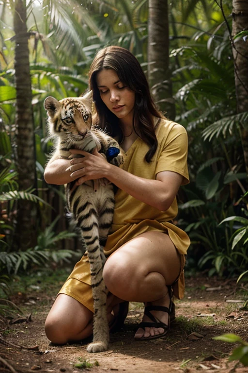 A Russian girl in a dense jungle is caring for a tiger cub, applying medicine to its wounded area. The mother tiger is sitting nearby, watching with tears in her eyes.