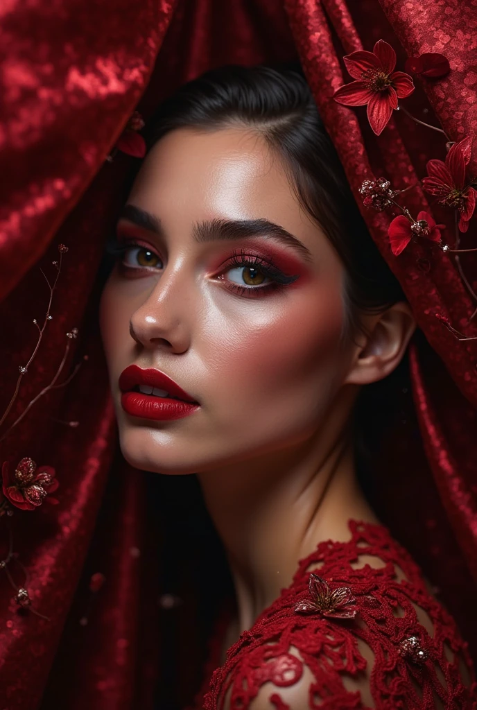 covered with red silk the whole face of a beautiful woman, only eyes with terry eyelashes are visible, photographed in the style of fashion photographer Hedi Slimane. The background is an abstract composition, made entirely of red fabric.. There's shiny lipstick on her lips. -- AR 3:4 --with 1000
(Best quality,4K,8 K,a high resolution,masterpiece:1.2),ultra detailed,(realistic,photorealistic,photo-realistic:1.37),beautiful eyes,beautiful lips,detailed face,Red lipstick,gorgeous woman,White dress,elegant fashion model,elegant look,long eyelashes,confident expression,Flawless skin,Graceful Posing,Flowing fabric,Soft and silky material,graceful movement,bright colors,artistic lighting,Studio photo shoot, Dreamy atmosphere