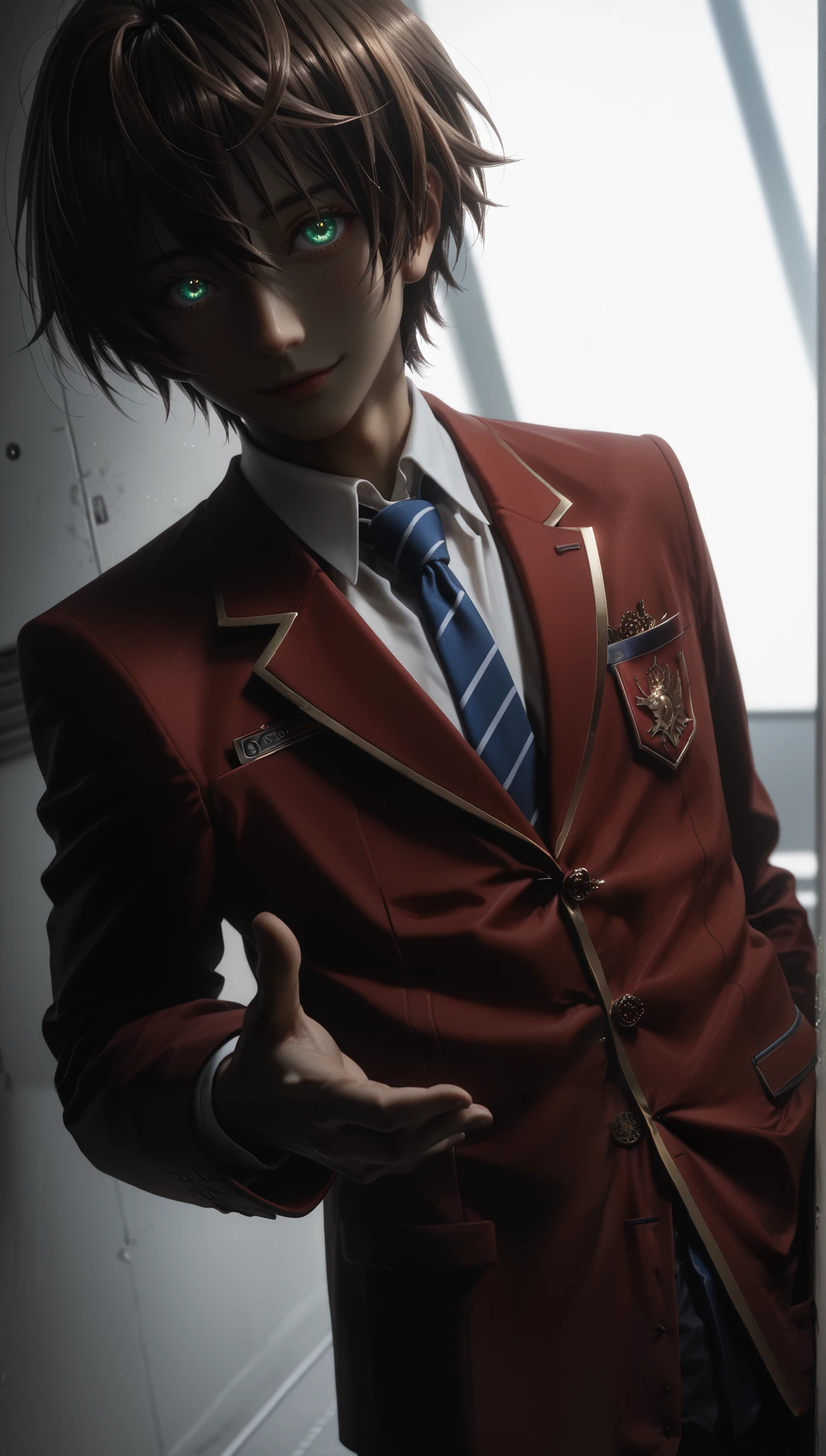 masterpiece(red blazer:1.5), 1boy, RosyBrown hair, short hair, school uniform, jacket, necktie, blue necktie, shirt, white shirt, collared shirt, luminous eyes, glowing eyes, Soft gaze, holds out his hand, in the school corridor, friendly, Dark green eyes, He greets you, UHD, textured skin, high quality, UHD, textured skin, high quality, masterpiece, retina, A pleasant smile, Dear boy, hallway, mouth slightly open, He looks calmly in front of him, oval face, The perfect hand, close-up