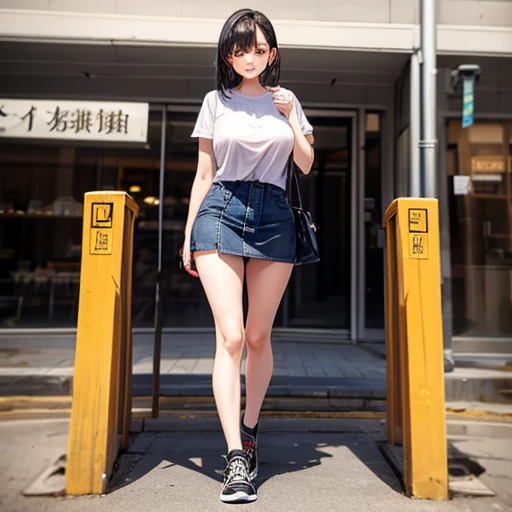 Asian girl, big boobs, hairy pussy, huge ass, cold stare, sexy, huge breasts, score_9, score_8_up, score_7_up, 1girl, source_anime, haughty, low angle view, muscled thighs, full body, crop top tank top, loose middle-cut t-shirt, open skirt, pussy viewer, (focus on pussy) , shiny skin, wet, hard nipples, wet pussy, walking going up on stairs at mall
