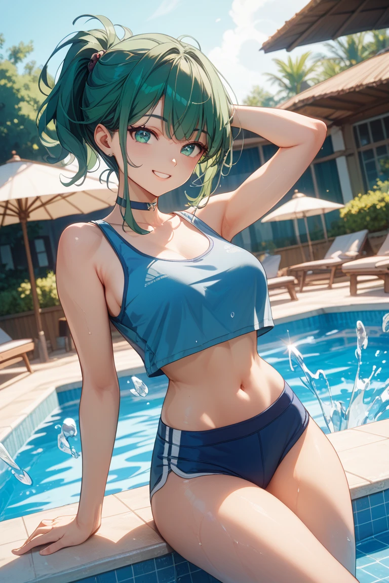 Girl with short green hair, Small size breasts,、Green Eyes, 、,Full body photo from head to toe、Track and field athlete、、、Uplifting、Leaning forward、、walk short distance、100 meter dash、A toned and toned body、Desperate、Sweat、Uplifting、A moving picture、