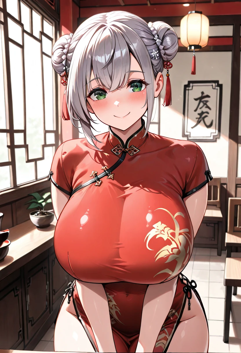 1 girl, game CG, red cheongsam, cleavage visible, short cheongsam skirt, gigantic breasts, silver hair, short hair, french braid, yellow eyes, smile, arms behind head, outside,