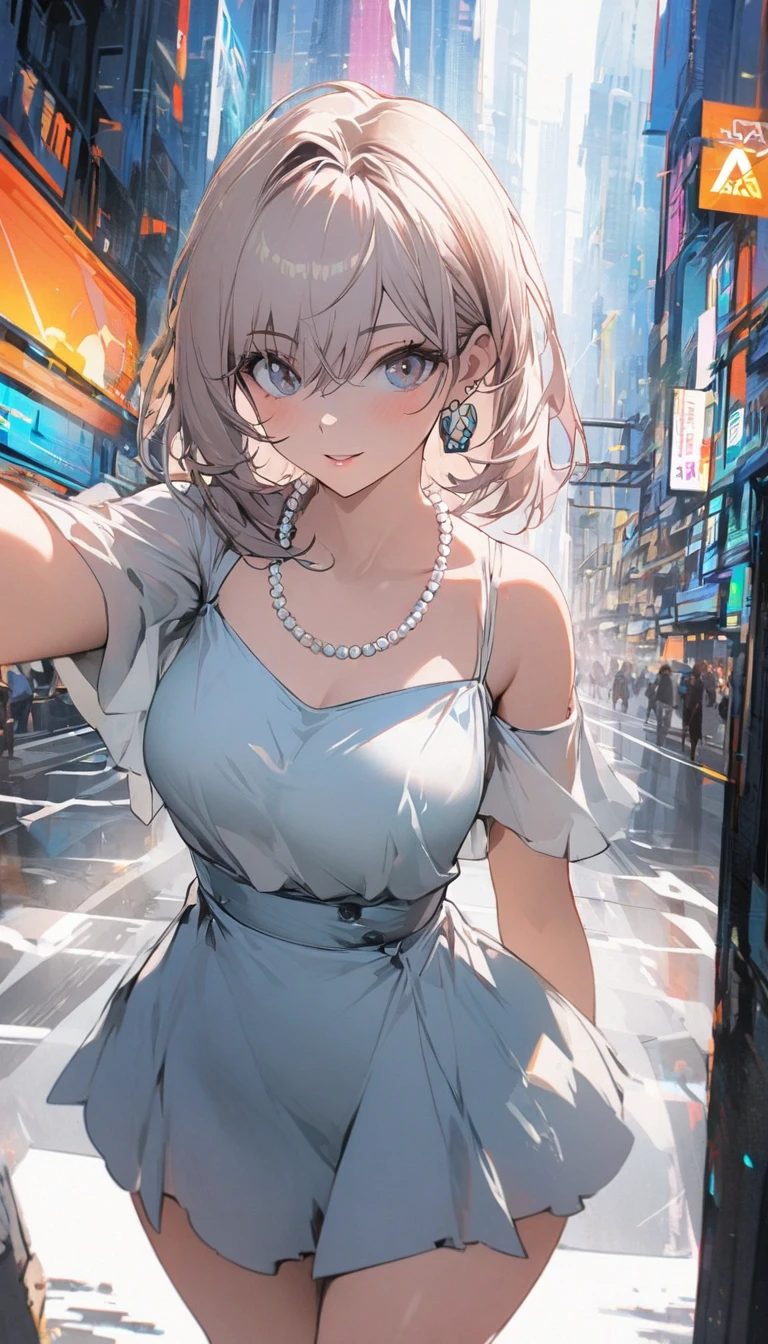 (masutepiece, Top Quality), High Quality, (Realistic:1.3), 1 Girl, 35 Years Old, MILF, Medium Breasts, Bob-cut Dark Hair, blush, blue lingerie, (Cleavage:1.2), Akihabara Street, night, moonlight, Skirt Flip, (angle selfie:1.3), (sweety:1.3)