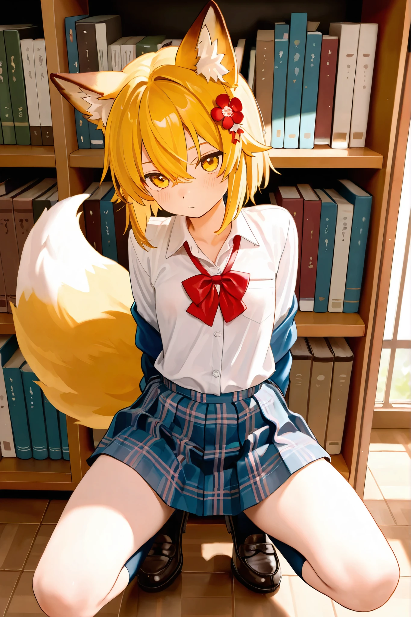 NSFW,masterpiece,best quality,high resolution,very detailed,Fairy Fox\(世話やきキツネのFairy Foxさん\),short hair,bungs、golden hair、hair ornament、 Beast Ears、hair between eyes、yellow eyes、flower、髪のflower、 Beast Earsの綿毛、fox ears、赤いflower、Fox Girl,school uniform,dress shirt,red ribbon,plaid mini skirt in front of crotch, Knee-high socks ,loafers,schools,Library,Bookshelf,Long desk
