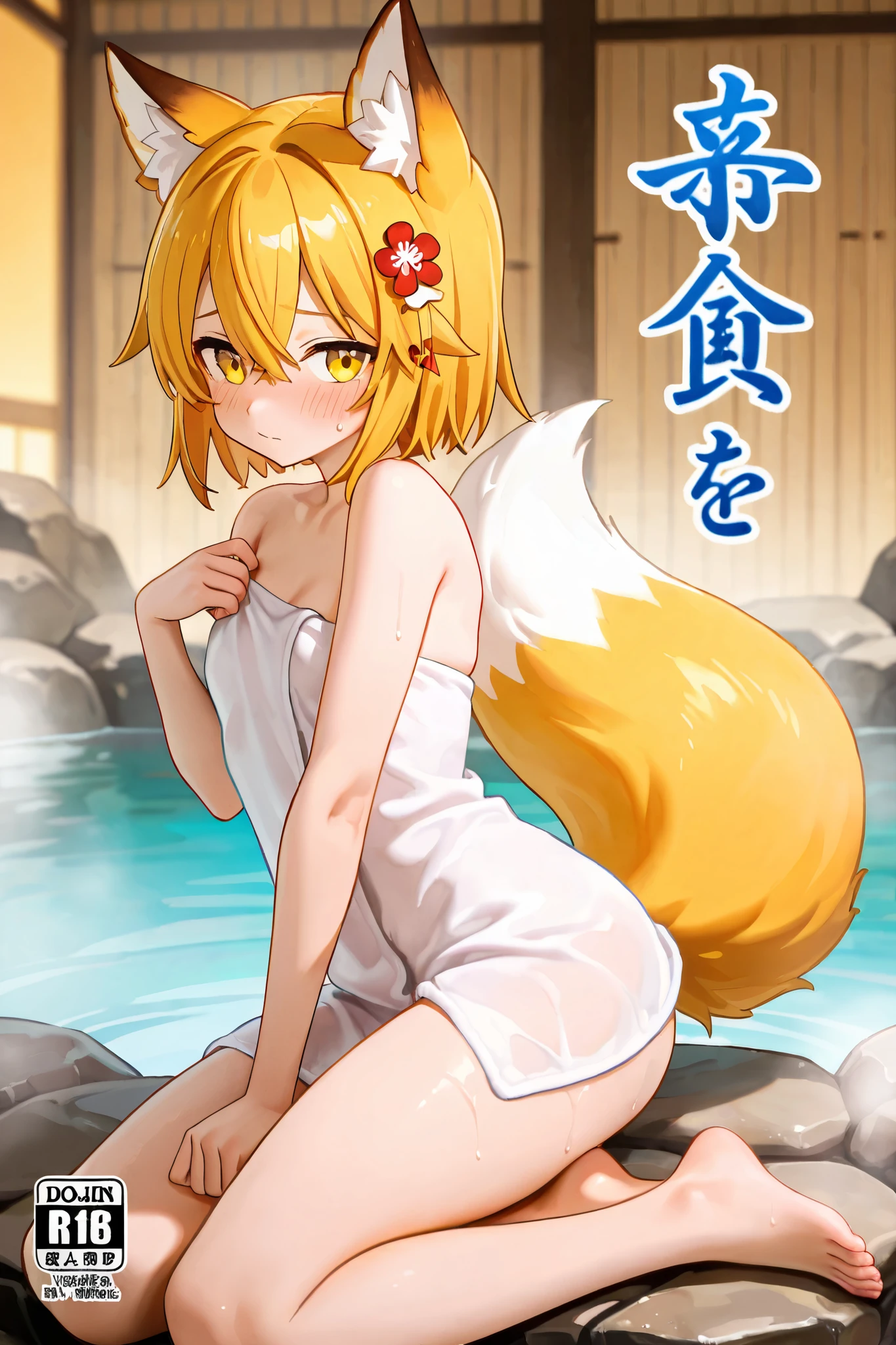 NSFW,masterpiece,best quality,high resolution,very detailed,Fairy Fox\(世話やきキツネのFairy Foxさん\),short hair,bungs、golden hair、hair ornament、 Beast Ears、hair between eyes、yellow eyes、flower、髪のflower、 Beast Earsの綿毛、fox ears、赤いflower、Fox Girl,bath towel,Hot Springs,cover,shy face