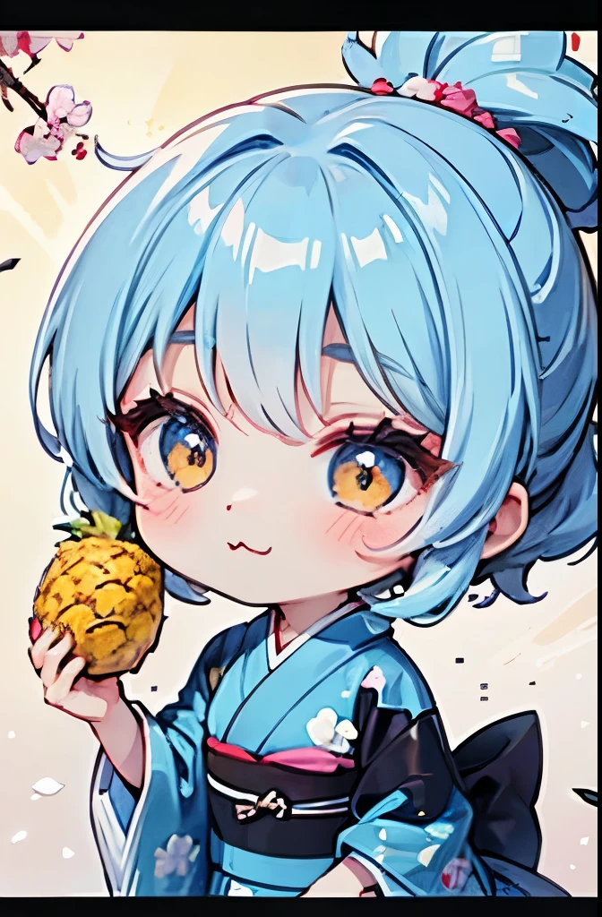 (Chibi Characters、新鮮な pineapple 、 pineapple の模様、美しい pineapple :1.3)、Best angle、Maximum Impact、Maxism、Vivid contrast、high resolution、super detail、absurd、accurate focus、(Chibi Body、Light Blue Hair Color、Short chignon hair、 sharp face、almond-shaped eyes、highly detailed eyes、golden eyes、:3、stupid hair:1.4)、Carefully drawn fingers先、Human hand、Carefully drawn fingers、Shiny Skin、thin、thin太もも、head from the side、thin脚、(Charming kimono:1.5)、Amazing Scenes、Gallery worthy、very small breasts、forward leaning posture、 pineapple 、Cherry Blossom Park Location、Cherry Blossom Viewing、playful little sister、Eye catching 、selfie style、Underwear I saw by chance
