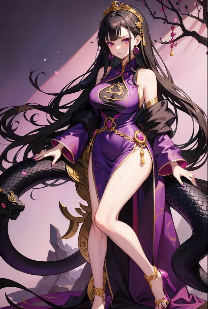 Mature tall woman, a war goddess, black hair with gray streaks, high ponytail, purple eyes, divine light, open white clothes, indifferent gaze, lipstick, dragon horns and tail, spears, reference, full height, phoenix