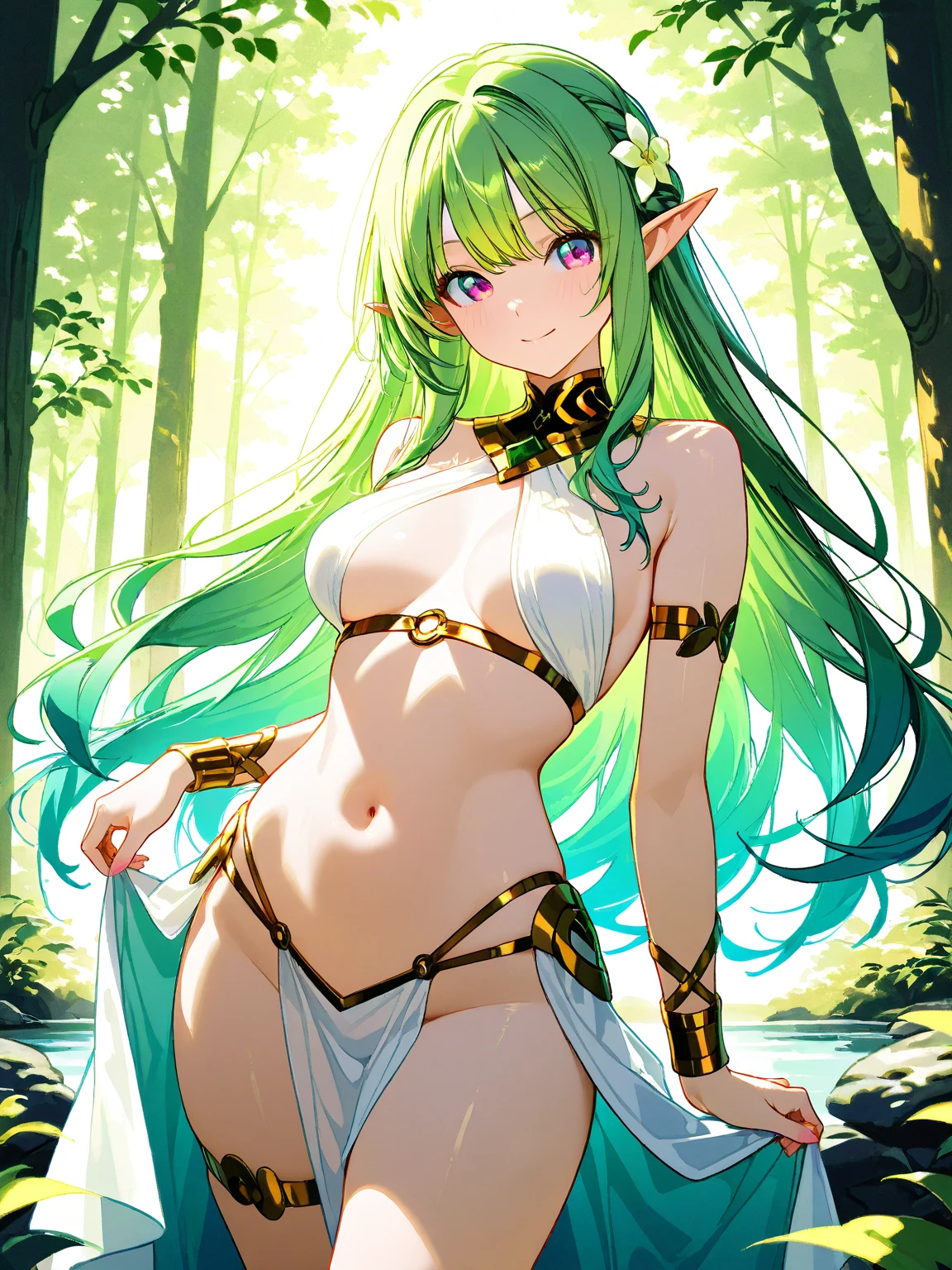 prismatic coloration, holographic environment, young plant girl with a dark skin tone, Elegant, elven ears, tanned skin tone, serious glare, ponytails, leaf green hair, Heterochromia with deep green & Gold eyes, C-cup, lithe, fit, modest tribal attire, full-body, slender legs, footless tights with leafy design, beautiful eyes, freckles, leaf green eyebrows, Cute butt, blank background, (long straight prismatic colored horns:1.2), wielding spear, nsfw, Battle stance, Four arms